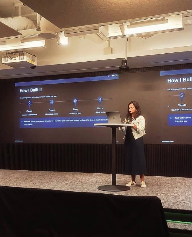 Samhita Kotian presenting her How I Built It stack on stage